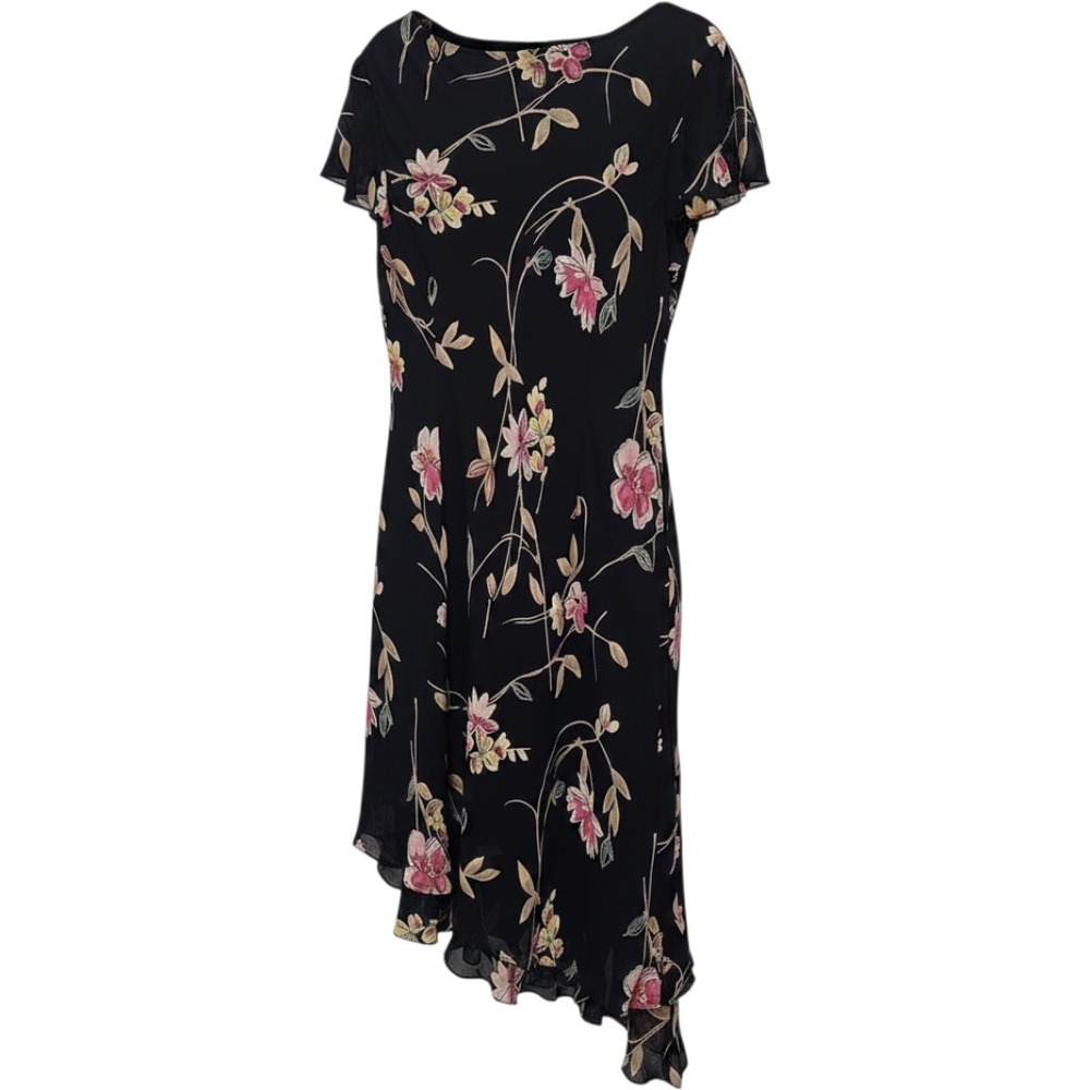 Vintage Dark Floral Midi Dress 16 Asymmetrical Ruffle Y2K Romantic Whimsigoth